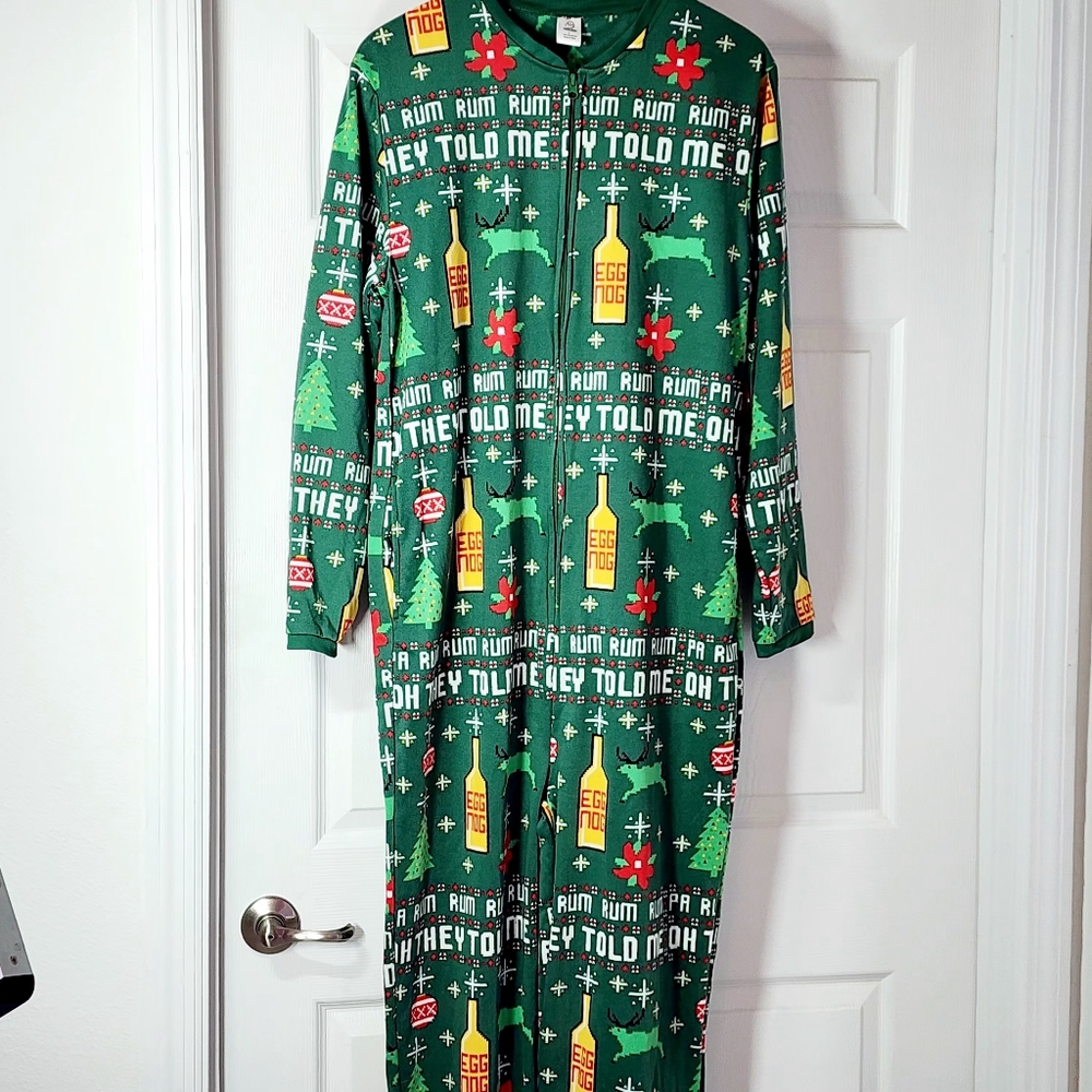 Christmas Union Suit Green Egg Nog Rum One Piece Full Zip Pajamas Large